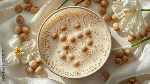 A serene bowl of creamy soybean milk, perfect for promoting World Vegan Month and healthy eating, ideal for vegan recipes, lifestyle blogs, and food-related events.