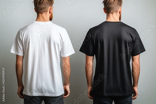 Two men wearing white and black t-shirts standing back to back. photo