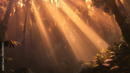 A misty forest scene with sunlight filtering through the trees, casting soft shadows and leaving space for text.