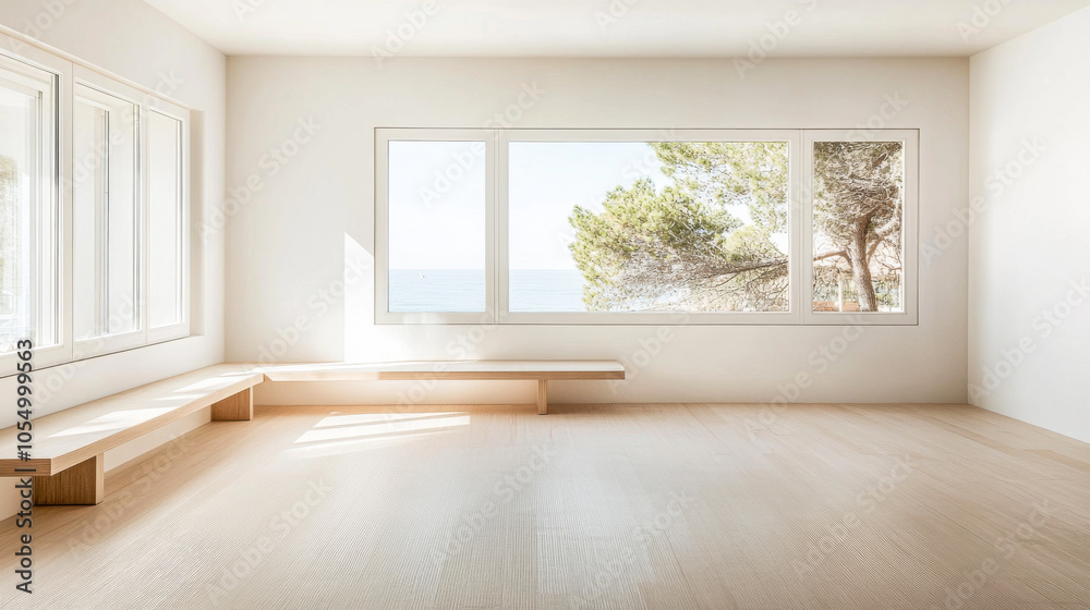 Bright, minimalistic interior with large windows showcasing a serene coastal view Bright, minimalistic interior with large windows showcasing a serene coastal view