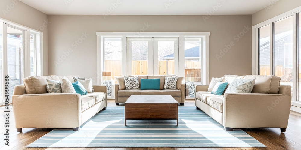 Modern living room design featuring beige sofas and a wooden coffee table in a spacious area Modern living room design featuring beige sofas and a wooden coffee table in a spacious area