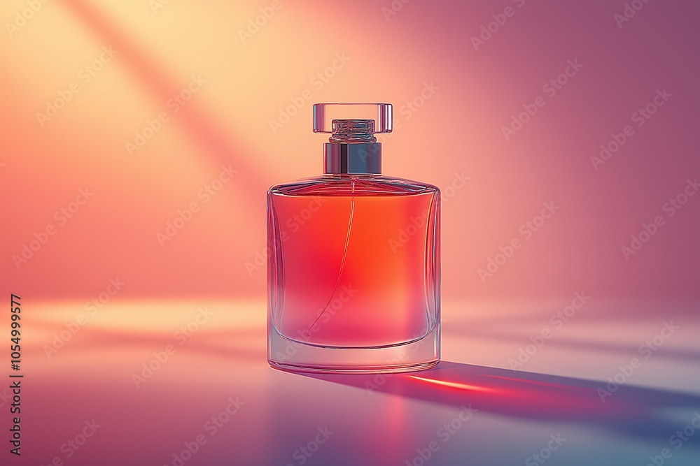 Perfume bottle standing on reflective surface with warm lighting Perfume bottle standing on reflective surface with warm lighting