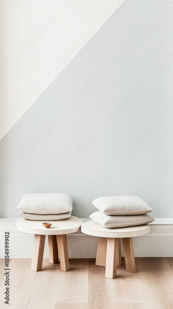 Minimalist seating arrangement with soft pillows against a light blue and white wall Minimalist seating arrangement with soft pillows against a light blue and white wall