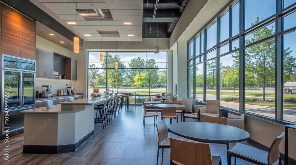 A modern break area in an office, featuring large windows that allow ample natural light to flood the space A modern break area in an office, featuring large windows that allow ample natural light to flood the space