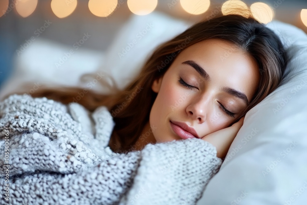 A serene young woman peacefully sleeps under a cozy, warm blanket, with soft lighting creating a relaxed and tranquil ambiance in the bedroom setting. A serene young woman peacefully sleeps under a cozy, warm blanket, with soft lighting creating a relaxed and tranquil ambiance in the bedroom setting.