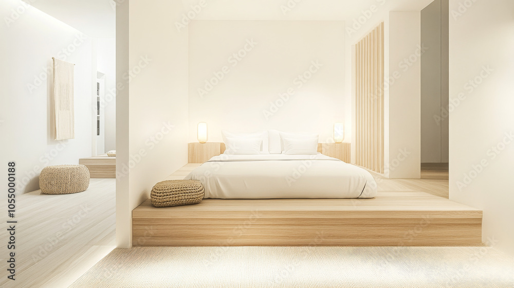 Minimalist bedroom design featuring serene lighting and natural materials in a tranquil setting Minimalist bedroom design featuring serene lighting and natural materials in a tranquil setting