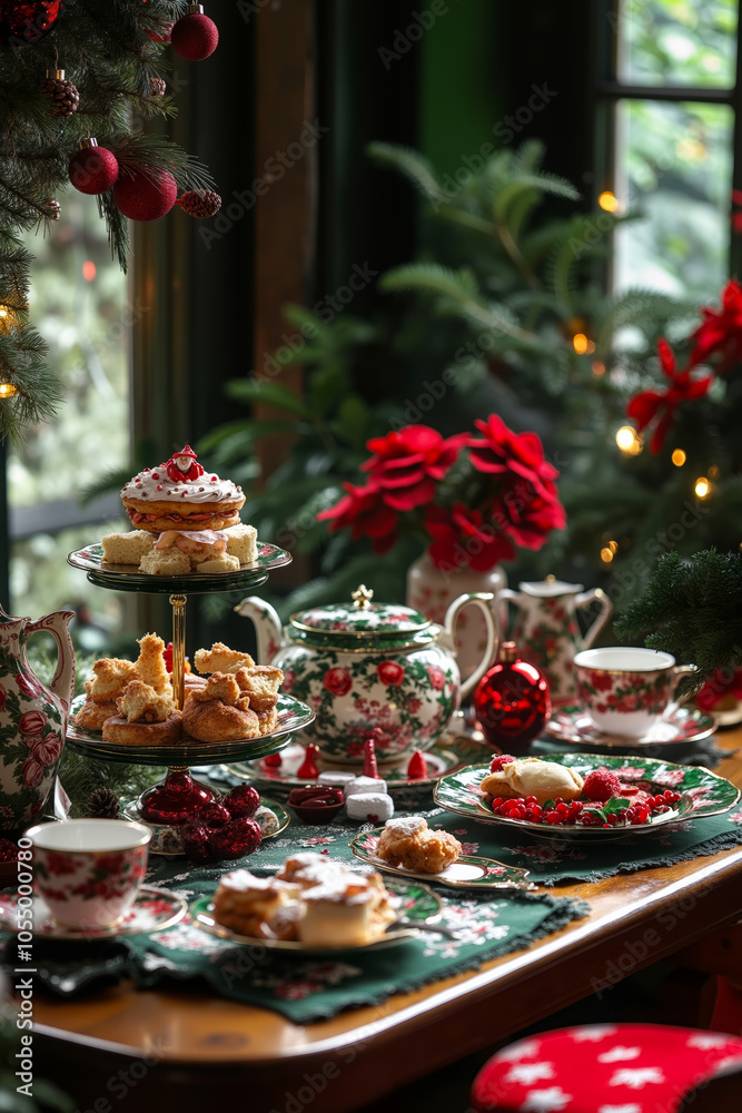 A festive table setting with a three-tiered cake stand, tea set, and Christmas decorations A festive table setting with a three-tiered cake stand, tea set, and Christmas decorations