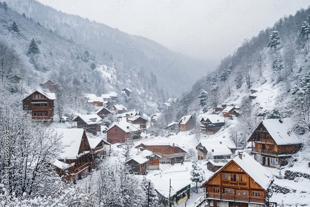 Serene Snowy Landscape of a Remote Village Serene Snowy Landscape of a Remote Village