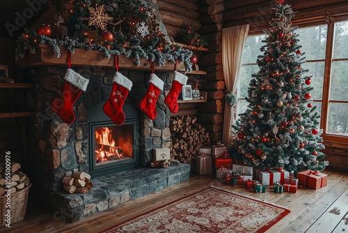 A cozy living room with a fireplace, Christmas tree, and stockings hanging from the mantle