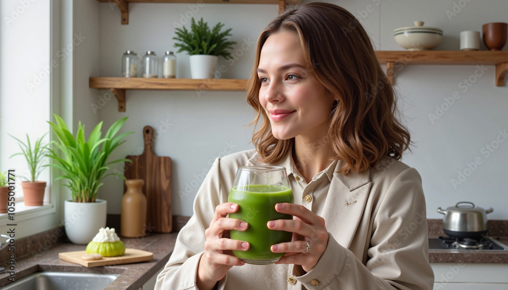 Smiling woman holding green smoothie in cozy kitchen Smiling woman holding green smoothie in cozy kitchen