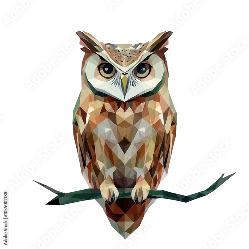 Owl illustration, geometric design, vibrant colors, perched on branch, isolated on transparent background, png photo