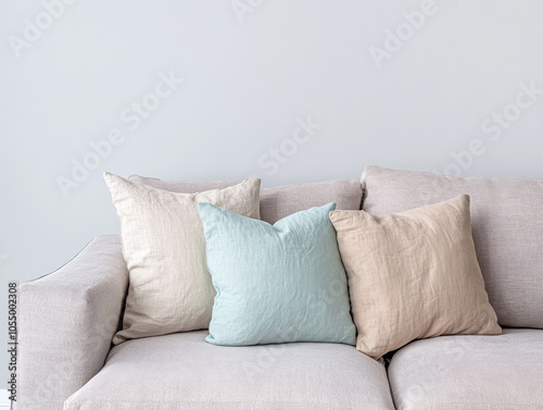 Cozy living room with soft neutral-toned sofa and decorative cushions in a tranquil space