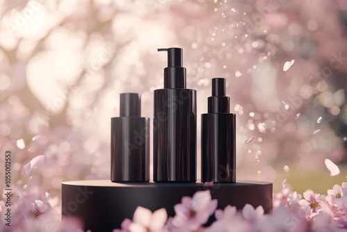 Elegant Black Hair Product Display in Blossoming Garden