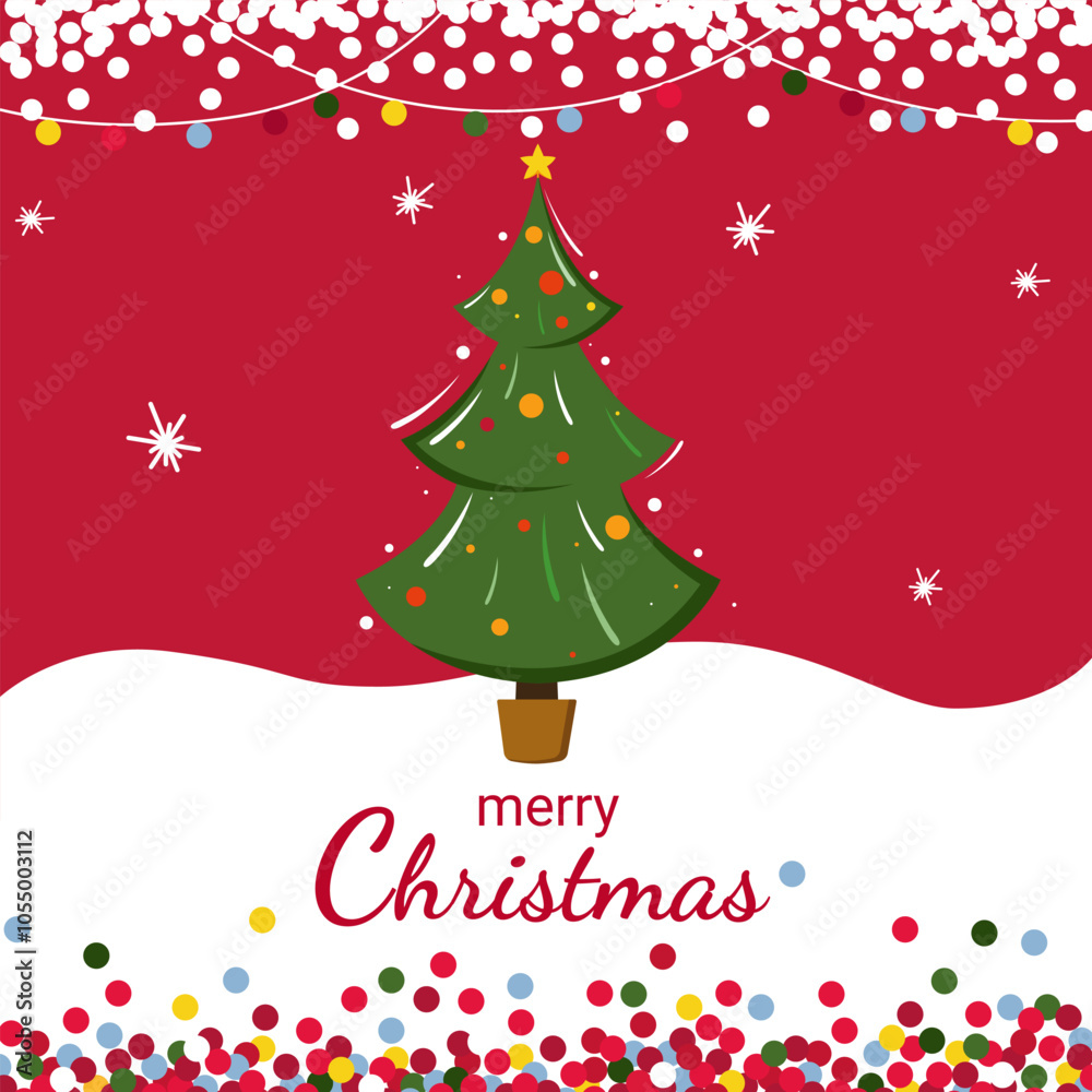Merry Christmas card. Christmas tree standing on a snowy meadow with pink background. Confetti and snowflakes are flying. Merry Christmas card. Christmas tree standing on a snowy meadow with pink background. Confetti and snowflakes are flying.