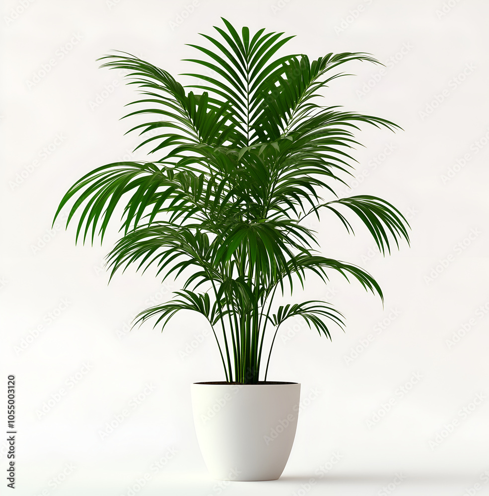 potted palm tree in a white pot, front view, against a white background potted palm tree in a white pot, front view, against a white background
