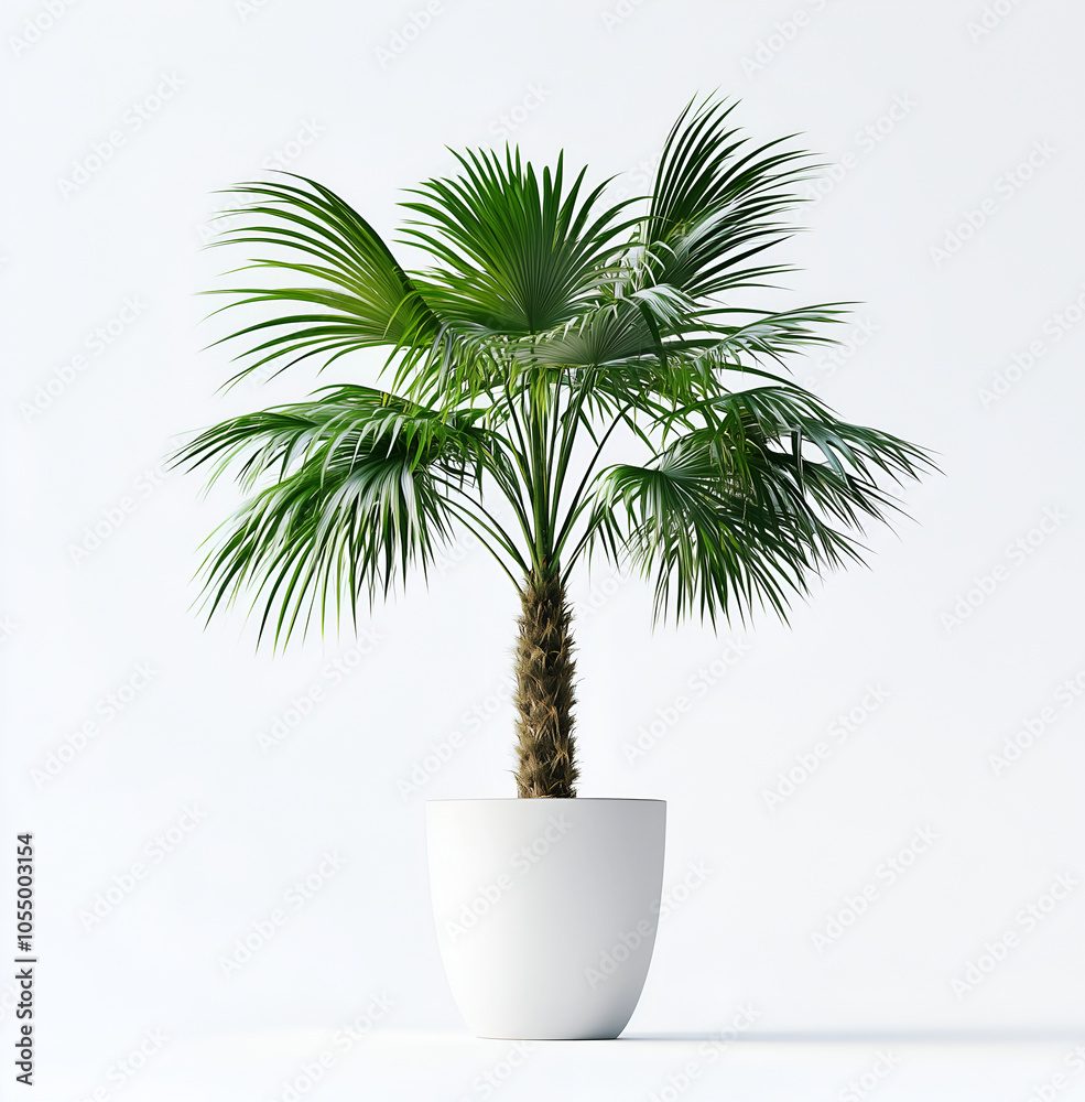 Obraz premium potted palm tree in a white pot, front view, against a white background