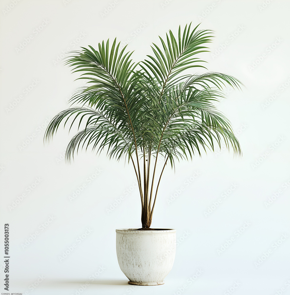 Obraz premium potted palm tree in a white pot, front view, against a white background