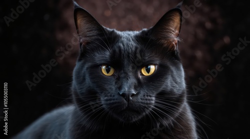 Black cat long mustaches yellow eyes, black background