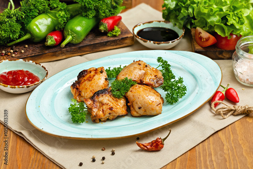Grilled chicken thighs on a plate. Restaurant, Cafe, lunch.
