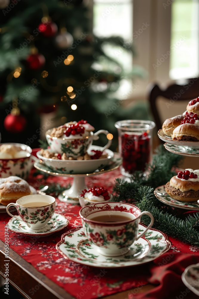 A festive table setting with a Christmas tree in the background A festive table setting with a Christmas tree in the background