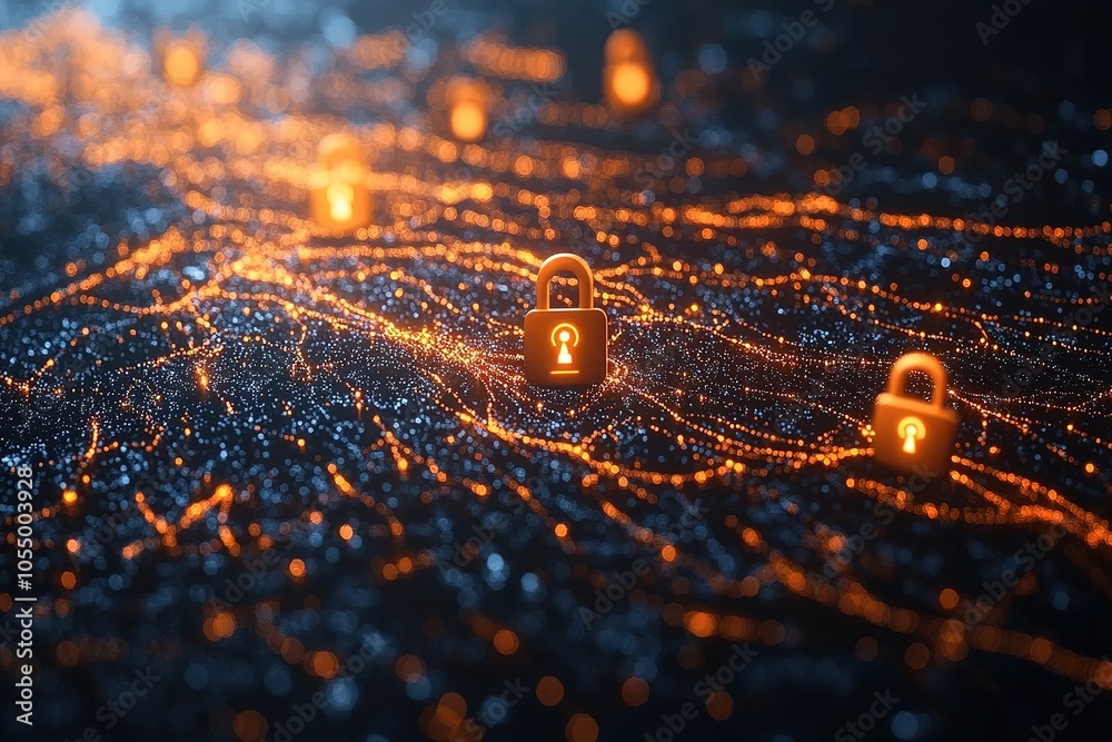 Abstract digital landscape with glowing padlocks symbolizing cybersecurity and data protection. Abstract digital landscape with glowing padlocks symbolizing cybersecurity and data protection.