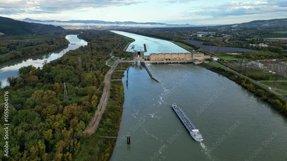 Saulce sur Rhone, France - 27 November 2024: Industrial ship passing through the lock above the hydroelectric power plant on the Rhone river in the Drome district of France