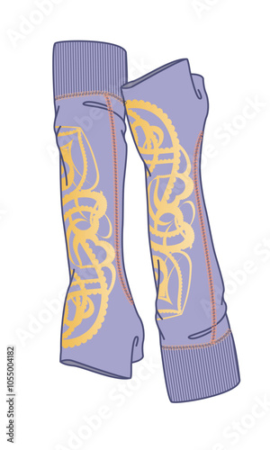 Ribbed knit arm warmers gloves vector design technical flat drawing.