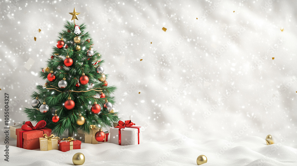 3D cartoon, a cute Christmas tree decorated with colorful balls and gifts on the background of a white paper texture
