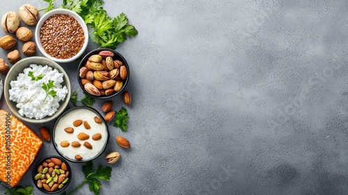 Health-conscious selection of natural protein foods: tempeh, pistachios, sardines, cottage cheese, and flaxseeds, organized on a grey backdrop, text space included