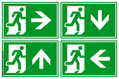 Running man and exit door sign. Exit way icon. Emergency exit. Safety symbol. Escape help evacuation icon set