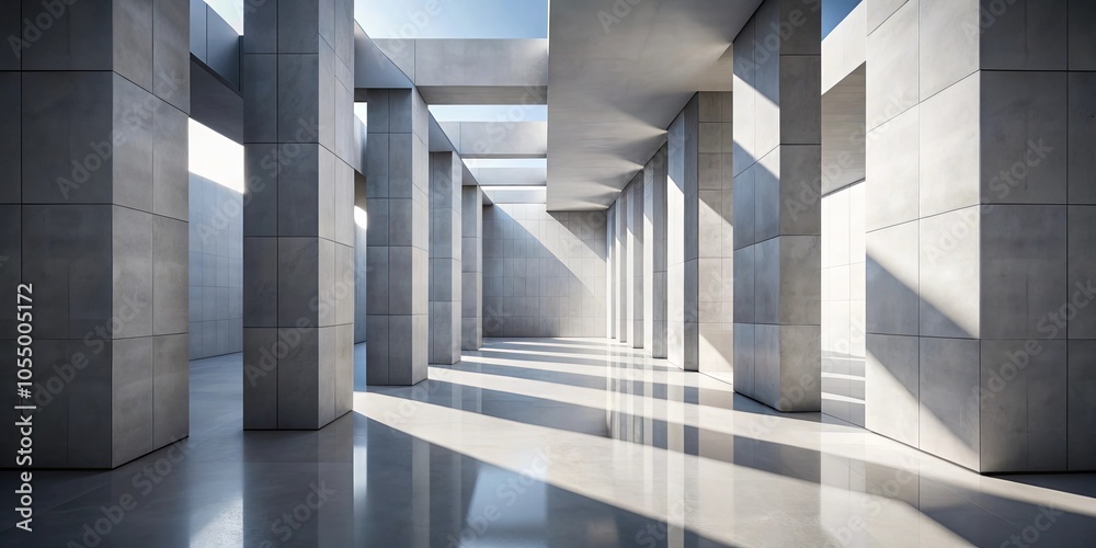 A Modern Hallway With Polished Concrete Floor and Square Tile Columns Casting Light Through the Windows A Modern Hallway With Polished Concrete Floor and Square Tile Columns Casting Light Through the Windows