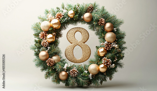 Modern digital illustration of a festive Christmas wreath with golden ornaments, ideal for the 8th day of Christmas celebrations, holiday invitations, and seasonal decor. photo