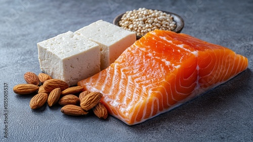 High-protein food assortment on grey textured surface, quinoa, tofu, almonds, salmon fillet, bright natural light with soft shadows photo