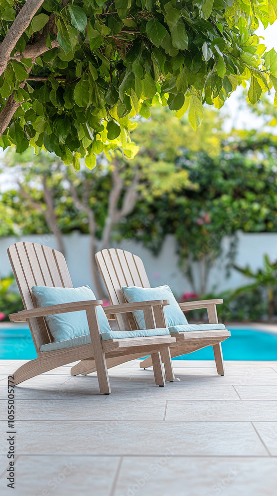 Relaxing outdoor lounge chairs beside a serene blue pool in a lush garden setting Relaxing outdoor lounge chairs beside a serene blue pool in a lush garden setting