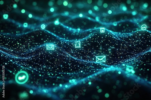 Abstract digital network with glowing email icons.