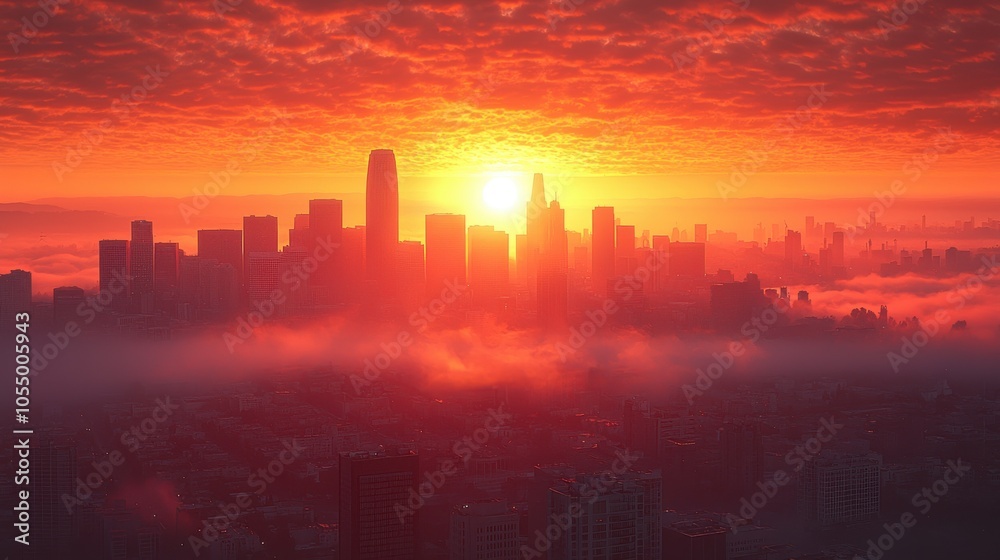 Stunning sunset over the skyline of downtown Los Angeles with vibrant clouds and a misty foreground, capturing the beauty of the city Stunning sunset over the skyline of downtown Los Angeles with vibrant clouds and a misty foreground, capturing the beauty of the city
