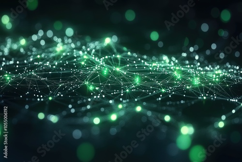 Abstract digital network with glowing green nodes and lines on a dark background.