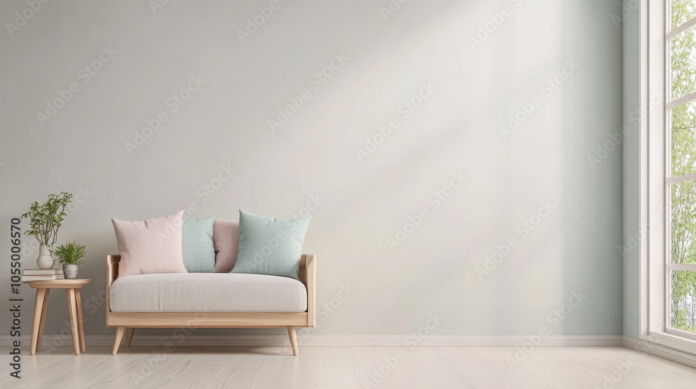 Cozy living room with pastel cushions, a wooden sofa, and sunlight streaming through large windows Cozy living room with pastel cushions, a wooden sofa, and sunlight streaming through large windows