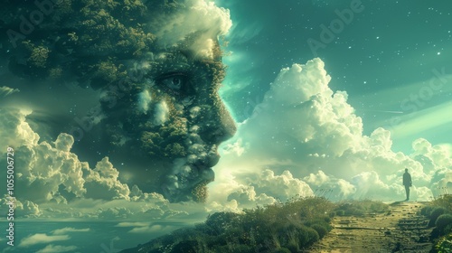 Surreal Landscape with Person Gazing at Giant Green Face and Clouds