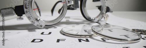 Photography Optometric glasses lie on Snellen chart paper with letters