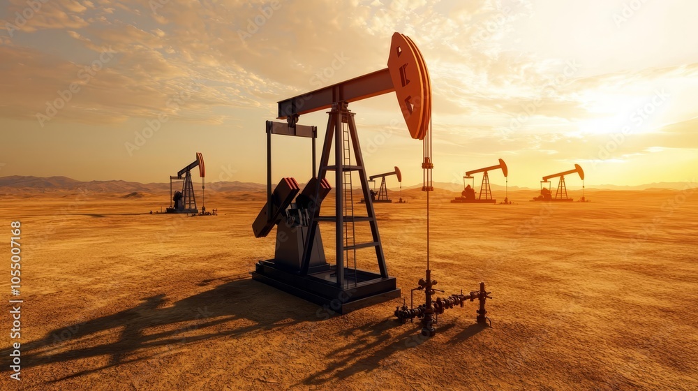 Oil pump jacks operate in the desert during sunset, showcasing the energy industry's extraction processes in a vast, arid landscape. Oil pump jacks operate in the desert during sunset, showcasing the energy industry's extraction processes in a vast, arid landscape.