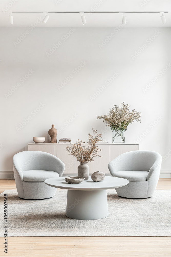 Modern minimalist living room featuring stylish chairs, a round table, and decorative accents Modern minimalist living room featuring stylish chairs, a round table, and decorative accents