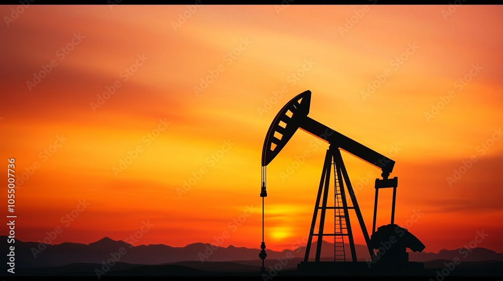 Pump jacks at dusk, operating in synchrony against an orange sky, shadows stretching over the land, powerful yet calm, natural and industrial elements perfectly aligned Pump jacks at dusk, operating in synchrony against an orange sky, shadows stretching over the land, powerful yet calm, natural and industrial elements perfectly aligned