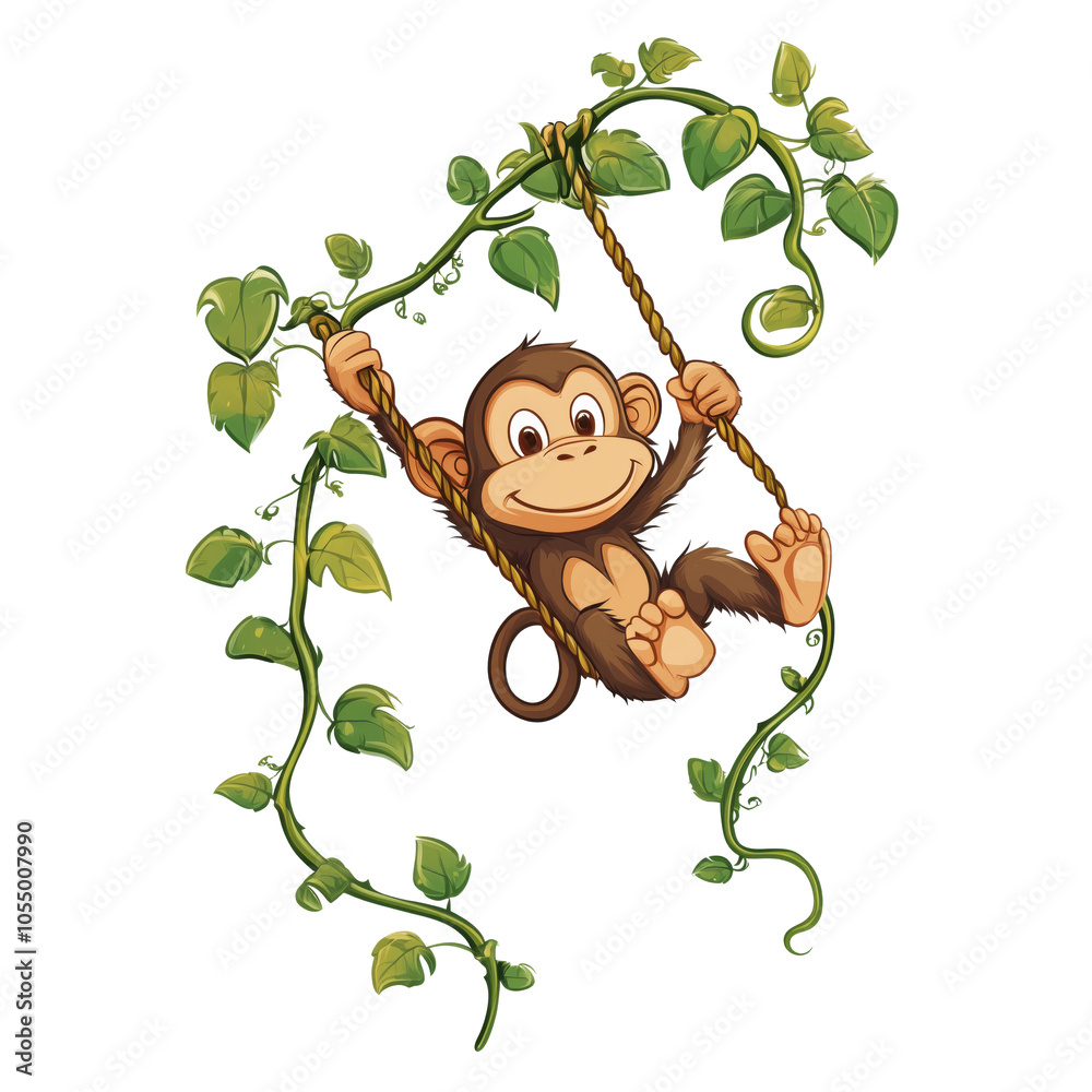 Playful monkey swinging on vines, cartoon style, cheerful expression, green leaves, isolated on transparent background, png