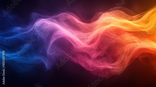 Abstract swirls of blue, pink, and orange colors create a vibrant wave pattern against a dark background