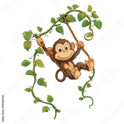 Obraz na płótnie Playful monkey swinging on vines, cartoon style, cheerful expression, green leaves, isolated on transparent background, png w salonie