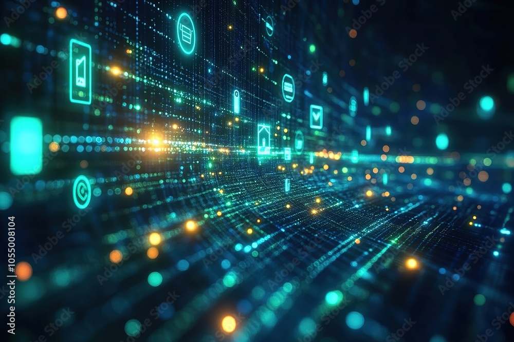 Abstract digital network with glowing icons and data streams. Abstract digital network with glowing icons and data streams.