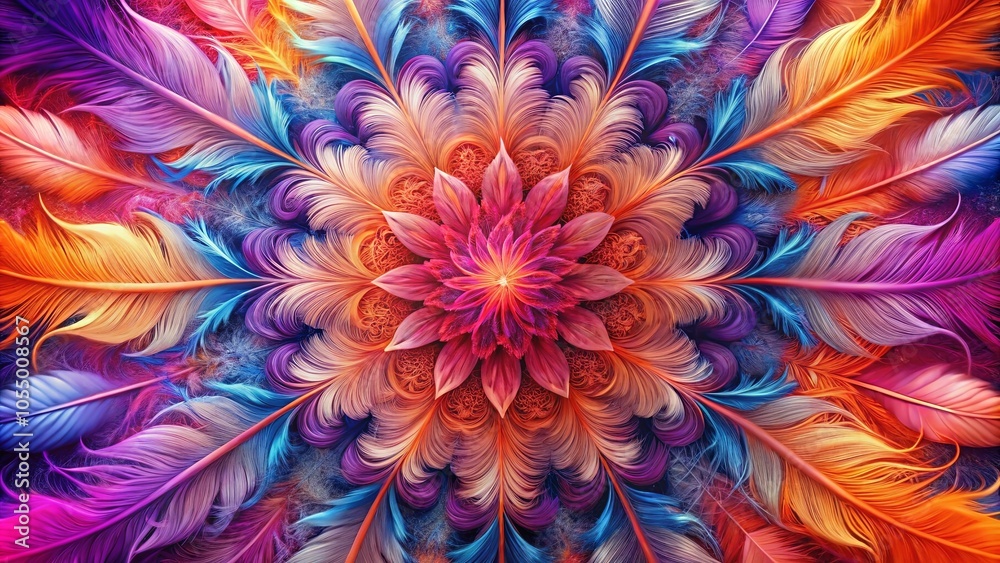 A vibrant and intricate kaleidoscope of swirling feathers, meticulously arranged in a mesmerizing floral pattern, creates a captivating spectacle of color and texture. A vibrant and intricate kaleidoscope of swirling feathers, meticulously arranged in a mesmerizing floral pattern, creates a captivating spectacle of color and texture.