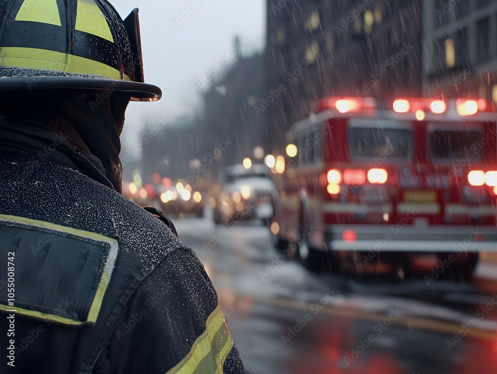A firefighter stands on a snowy street, watching emergency vehicles respond to a situation, highlighting bravery and dedication in adverse weather.