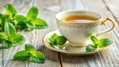 White cup and saucer with green and gold decorations of mint tea and mint leaves on a panoramic background